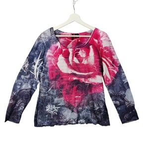 New Directions Rose Floral Bloom Lace Layered Stretchy Top Long Sleeve Womens XL